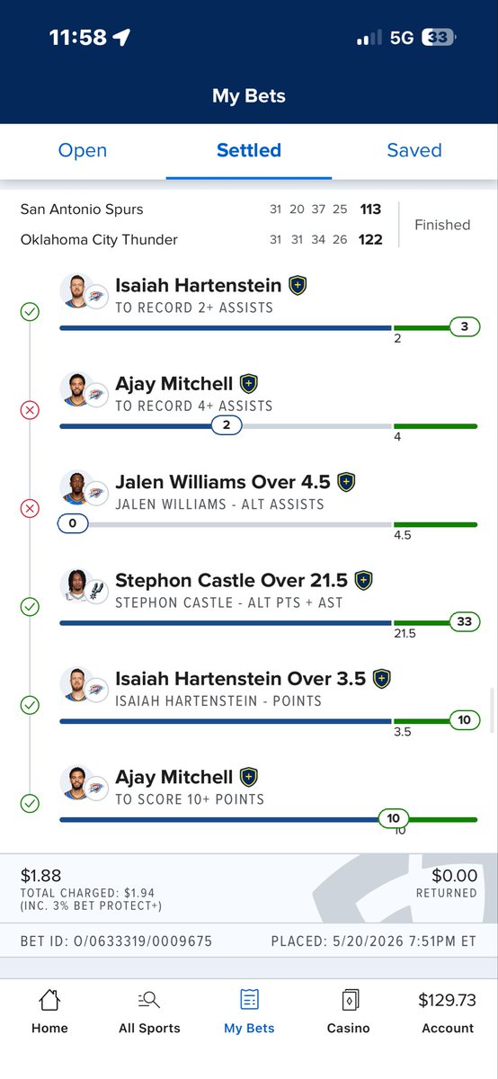 pajh99's tweet photo. @FanDuel_Support 
I could be wrong but should this ticket not have hit with my bet protect on it? 
Jalen Williams and Ajay Mitchell were both covered. https://t.co/08UEcCRC2l