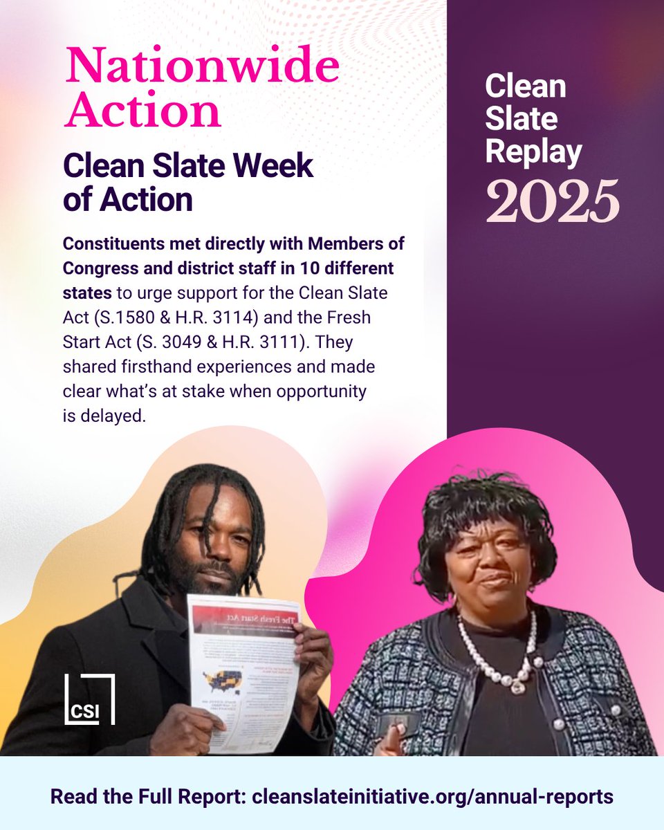 CleanSlate_Init's tweet photo. Real change starts with directly impacted voices. 
20 meetings. 10 states. One message: it’s time to pass the Clean Slate Act. 

Learn more about our nationwide action in the 2025 Annual Report: https://t.co/m4hK114ifl

#DirectlyImpacted #TechnicalAssistance #SecondChances https://t.co/8iHtl3MNeG
