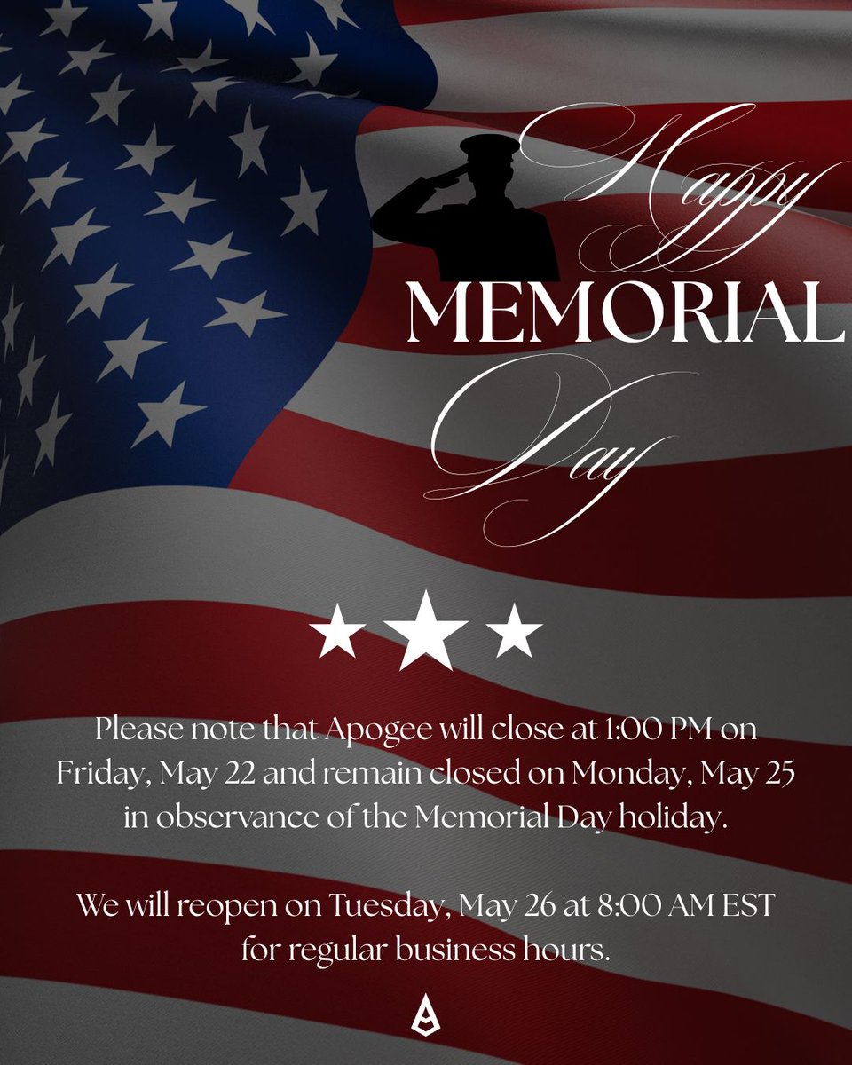 ApogeeInsurance's tweet photo. Please note that Apogee will close at 1:00 PM on Friday, May 22 and remain closed on Monday, May 25 in observance of the Memorial Day holiday. We will reopen on Tuesday, May 26 at 8:00 AM EST for regular business hours. https://t.co/x1V53aEhy4