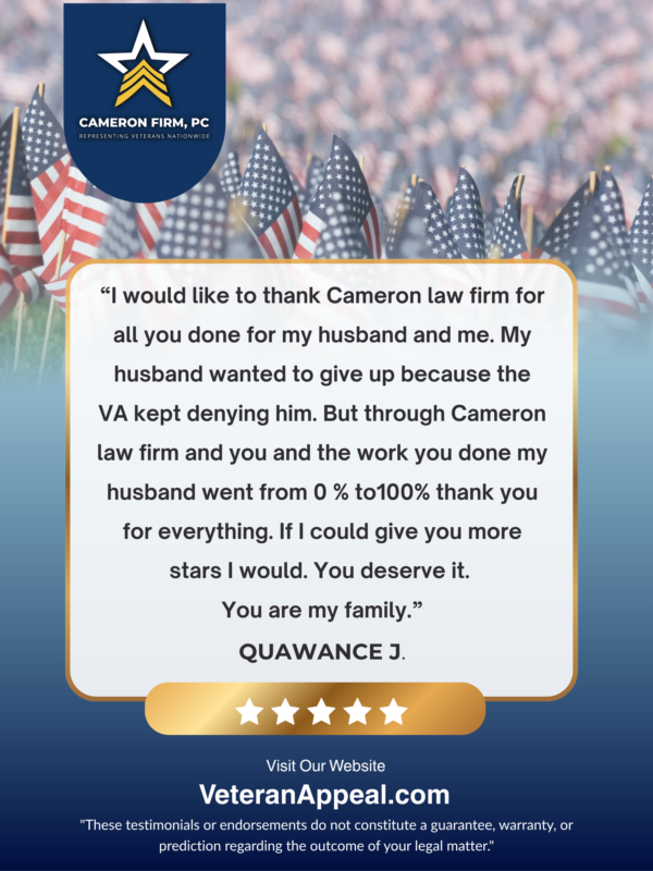 cameronfirmpc's tweet photo. Seeing a veteran go from feeling ready to give up to finally receiving the benefits they earned is exactly why we do what we do.
#VeteransFirst #ClientStories #CameronFirm #VetAdvocate #VAAppeals https://t.co/6I0hvDicNH