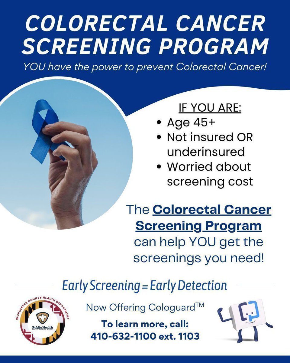 WorcesterHealth's tweet photo. Early Screening = Early Detection
The Colorectal Cancer Screening Program now offers Cologuard! See if you're eligible for no-cost colorectal cancer screening at https://t.co/1Ub206l92D or call 410-632-1100 ext.1103. https://t.co/rGIcM2BXtl