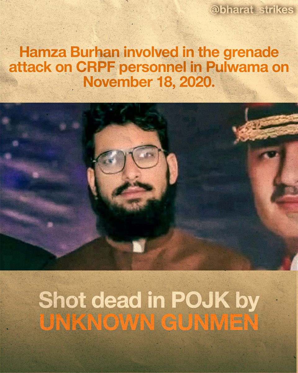 bharatstrikess's tweet photo. The "unknown gunmen" strike again in Muzaffarabad. Pulwama mastermind Hamza Burhan is gone. 🇮🇳
#UnknownGunmen https://t.co/tDqsFpbW4W