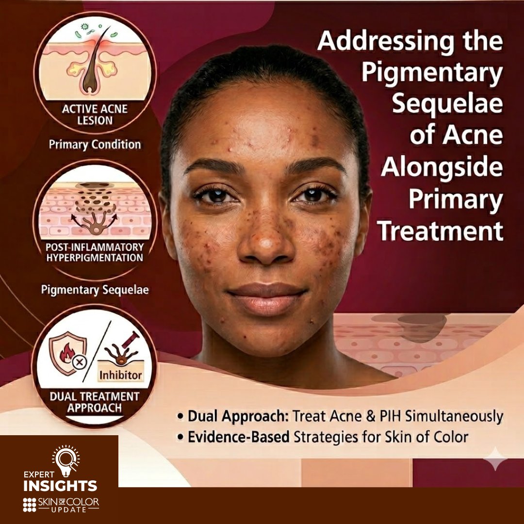 NextSteps_Derm's tweet photo. For patients with skin of color, acne hyperpigmentation (PIH) can be more distressing than breakouts.

SOCU Onsite Correspondent Dr. Courtney Hanna breaks down dual-targeted acne &amp; PIH strategies from experts Dr. Hilary Baldwin &amp; Dr. Andrew Alexis: https://t.co/VpGV0YwIvW https://t.co/QBnJpTZPzJ