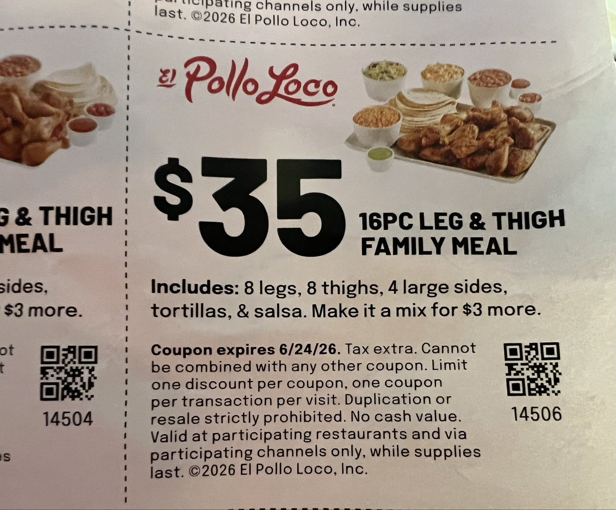 MrMaxRose's tweet photo. Would Mr. Wonderful approve of me using El Pollo Loco coupons to get the 16 piece family meal for a week’s worth of lunches? 

@ElPolloLoco 
@kevinolearytv https://t.co/mlMdHGtfkL