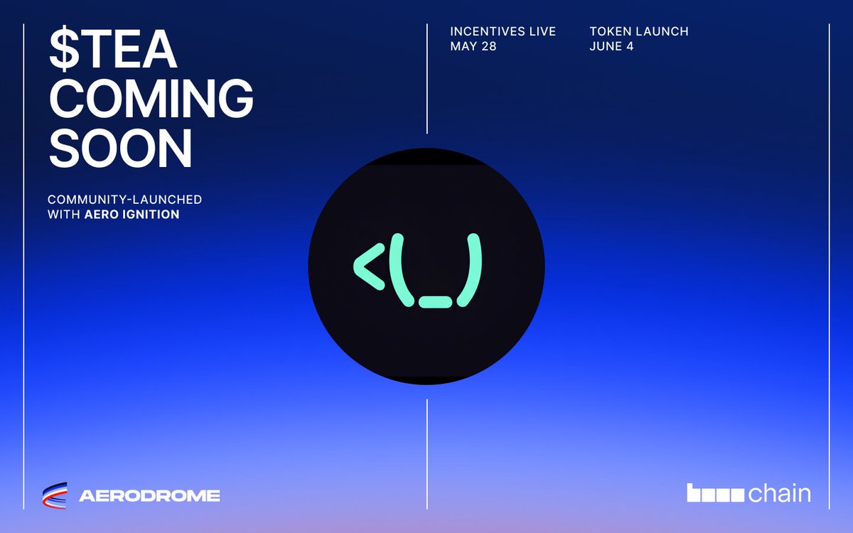 AerodromeFi's tweet photo. Aero Ignition: $TEA

@teaprotocol is launching $TEA, the token central to protocol governance, securing the chain, and incentivizing contribution.

At epoch flip, veAERO voters will have the opportunity to direct emissions and be among the first to receive $TEA at launch. https://t.co/N8tvIrOBwD