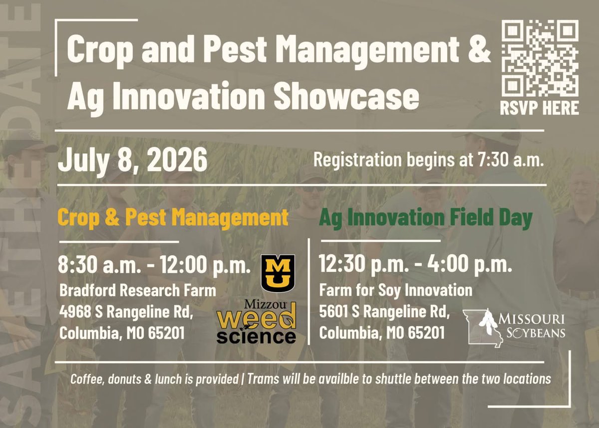 MizzouIPM's tweet photo. The Mizzou Crop &amp; Pest Field Day will be a joint event with @missourisoybean.  

Check out details &amp; register for the July 8th event:
https://t.co/NvSjzmPTqT

@MUExtAgEnviron 
@ShowMeWeeds 
@MandyBish1 
@IvairValmorbida 
@BenBrownMU https://t.co/Dr500JIxmK