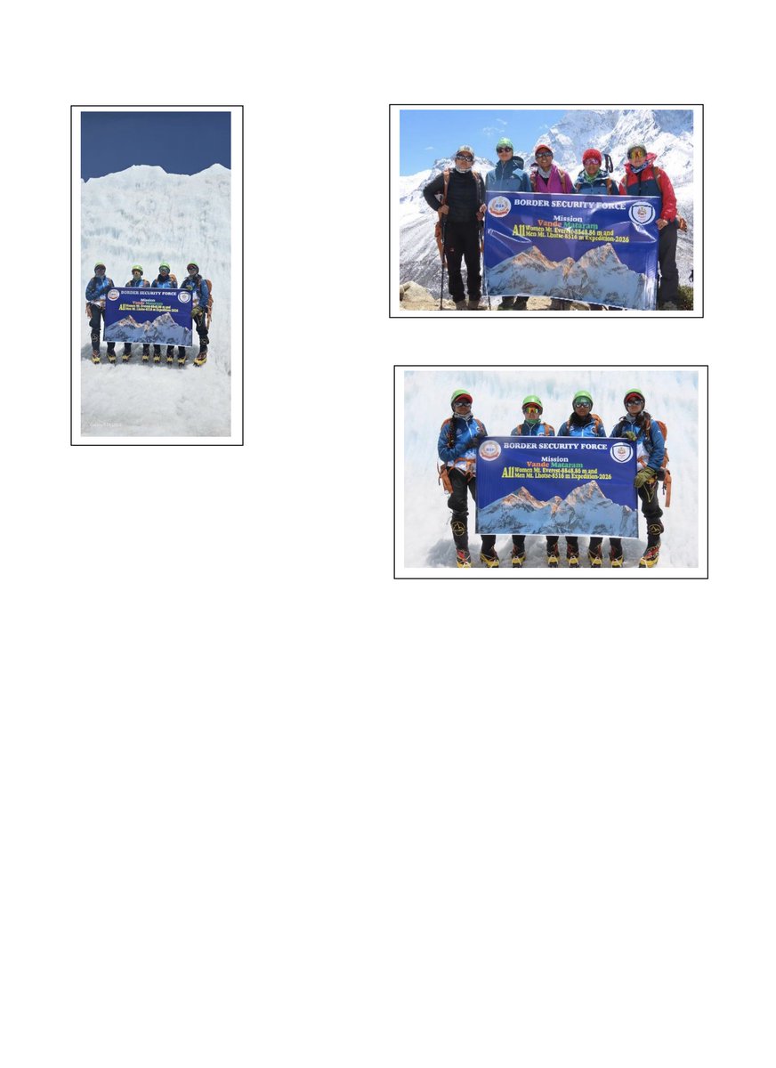 DDNewslive's tweet photo. “Vande Mataram” echoed from the top of the world!🇮🇳

@BSF_India's first-ever all-women mountaineering team scripted history by conquering Mt. Everest.

A powerful symbol of courage, women empowerment and national pride.

India’s daughters continue to scale new heights for the nation.

#MissionVandeMataram #BSF #MountEverest #WomenPower #VandeMataram