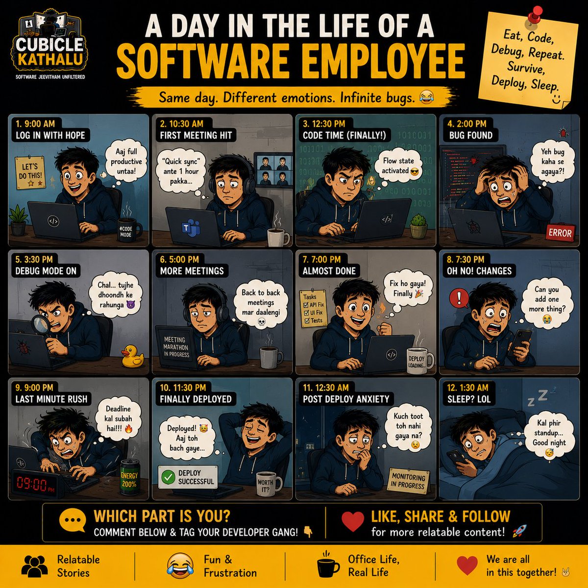CubicleKathalu's tweet photo. A software employee’s day 😭

☀️ Motivation
💀 Meetings
🐞 Bugs
☠️ Deadlines
🤡 Requirement changes
🚀 Deployment
🫠 Anxiety

Repeat daily 🔁😂

#CubicleKathalu https://t.co/ML7rLcq0IC