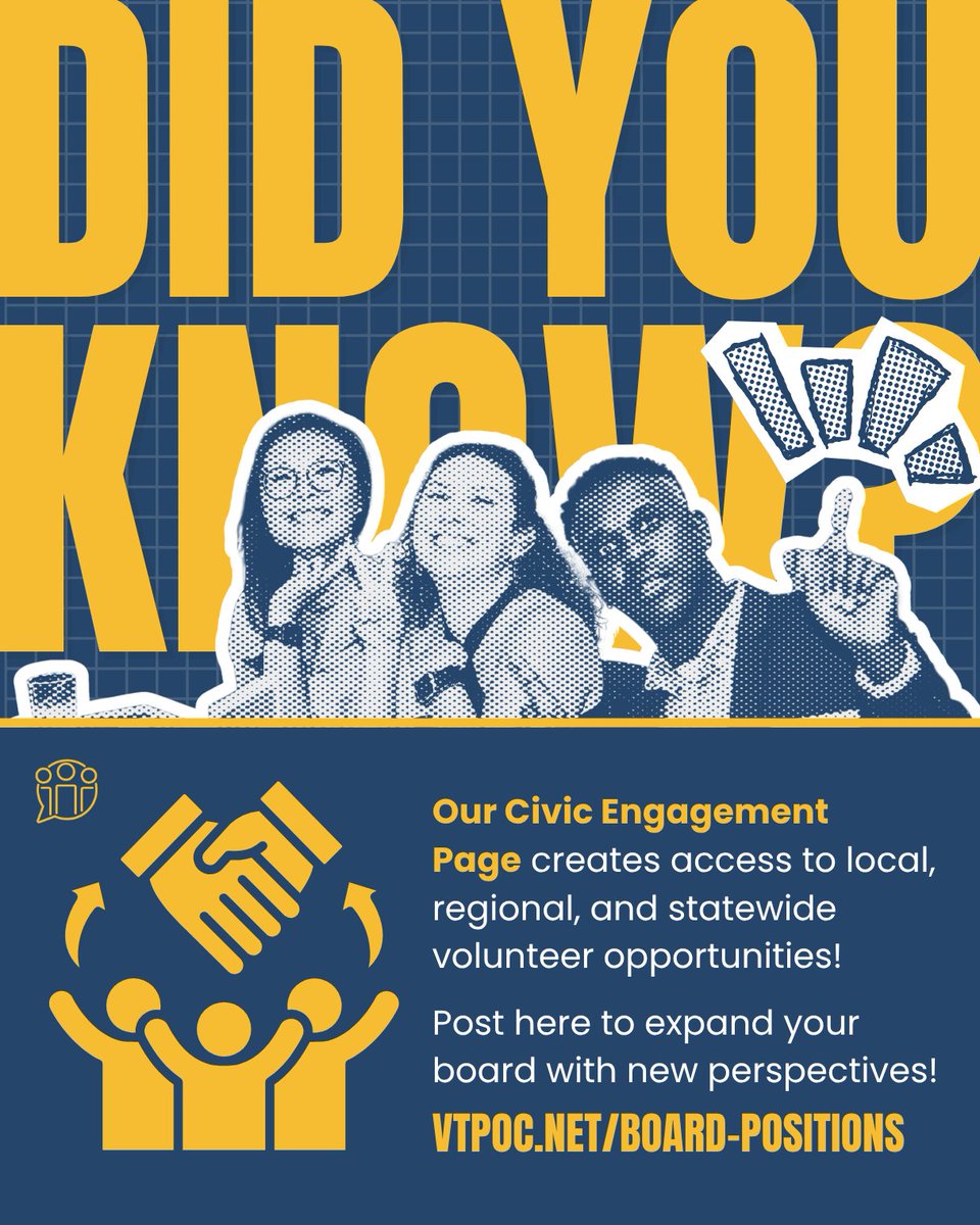 vtpoc_network's tweet photo. VT PoC's weekly ✨#ResourceRoundup ✨ is here to put you on 😎

Want to get more involved? Our Civic Engagement page highlights ways to plug into boards, commissions, volunteering, and other opportunities!

Explore or submit an opportunity: https://t.co/eSznMXTMXp https://t.co/HOHF9xOUON