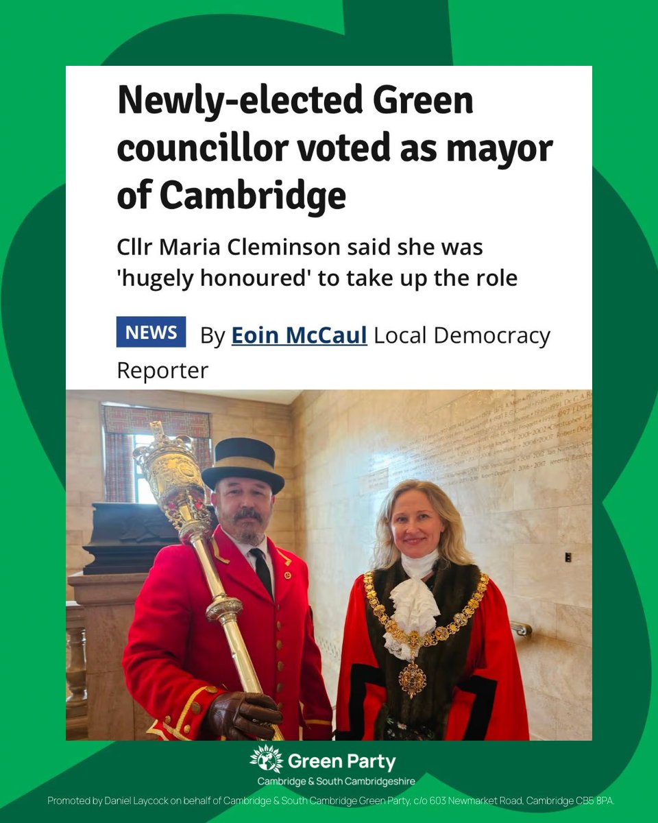 CambridgeGreens's tweet photo. 📢 We are delighted to announce that newly elected Green Councillor Maria Cleminson has today been appointed mayor of Cambridge.
Congratulations Maria, you're going to be brilliant! 💚
https://t.co/Dqc148mEvw
#HopeIsHere https://t.co/vhKdRob7PI
