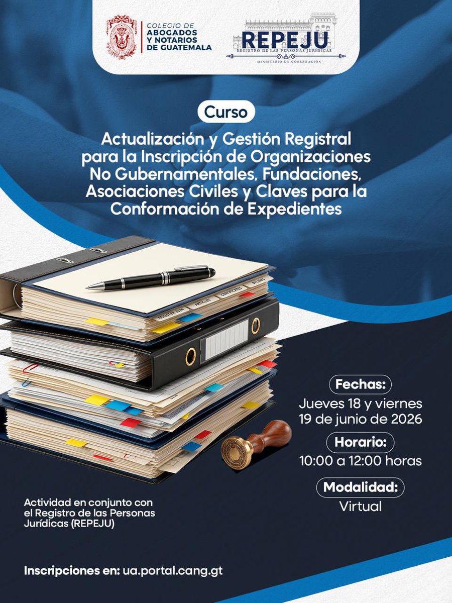 Repejugt's tweet photo. 📚⚖️ El CANG y REPEJU invitan al curso virtual:
📝 “Actualización y Gestión Registral para ONG, Fundaciones y Asociaciones Civiles”.
📅 18 y 19 de junio de 2026
⏰ 10:00 a 12:00 horas
🔗 Inscripciones: https://t.co/SKRpq5eRXw https://t.co/Q65YvxAy0a