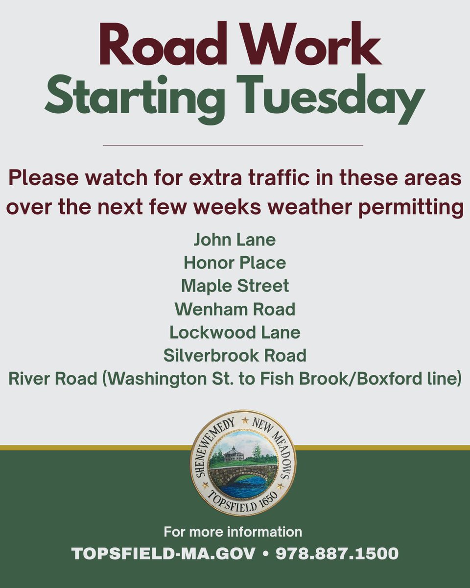 townoftopsfield's tweet photo. Get ready for upcoming road work, starting next week!

#townoftopsfield #topsfieldma https://t.co/Ucn9a3eWaT