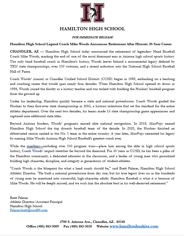 HHS_Athletics_1's tweet photo. Thank you to Head Coach Mike Woods for an incredible Hall of Fame career in CUSD &amp; at Hamilton High School. 
You weren’t just a coach; you were a leader of young men who built high character. You will be missed! @CoachWoods21 https://t.co/VzSTzGZ0z1