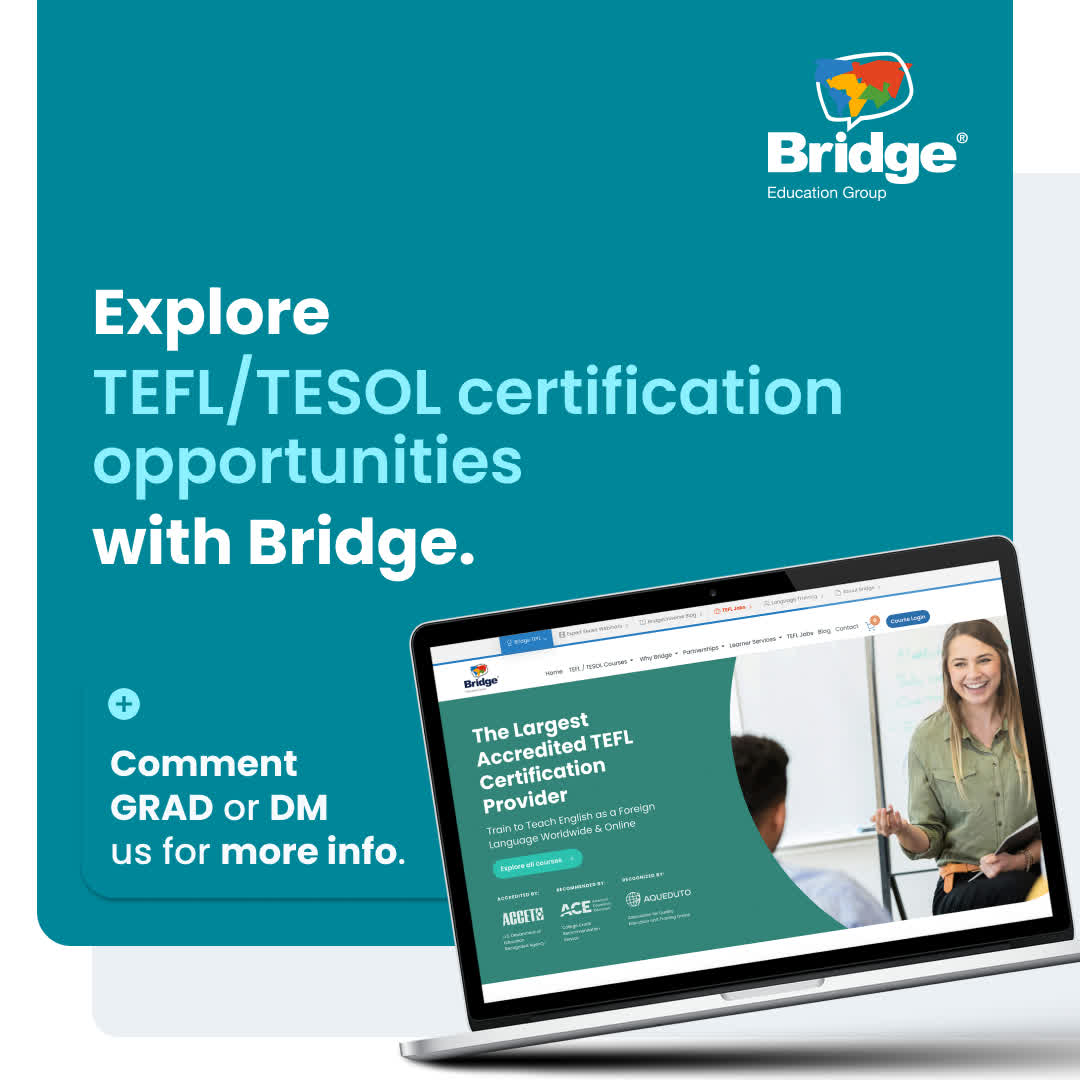 BridgeTEFL's tweet photo. Graduation season = big next-step decisions 🎓

For many grads, TEFL/TESOL opens doors to travel, flexible work, and global experience. 

Get our special offer on the 120-Hour Master TEFL Certificate with code GRADTEFL26 through June 30.

#TEFL #TeachAbroad https://t.co/ZmfBclKyvE
