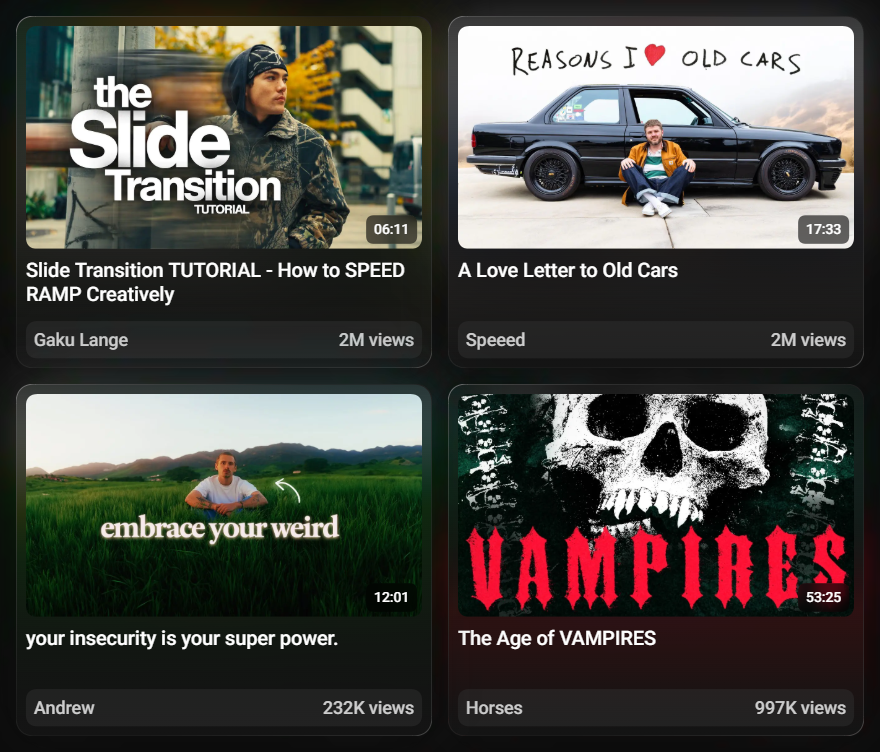 ostendoapp's tweet photo. 4 thumbnails to study with BANGER typography front and center (and how you can use them).

◉ Bold Premium: we see this a lot in tutorials and vlogs. Oversized lettering, often with a subtle gradient and drop shadows that overlap each other that gives it a really clean premium look.
◉ Handwritten: imperfect text feels personal, emotional, and human. This is great for video essays and vlogs especially.
◉ Cinematic: treating the text like a movie poster instantly raises perceived quality. You don't want the text too large for these, keep it tasteful
◉ Stylized: horror fonts, distortion, texture, and custom lettering can become the entire hook especially when the style matches the theme of the video. This is HUGE for video essays and gaming videos.

Good thumbnail text doesn’t explain the image. It embodies the feeling of it.

Finding all of these examples took 2 seconds btw, I just filtered my thumbnail collection in https://t.co/CBZZvbhfFH by "typography".