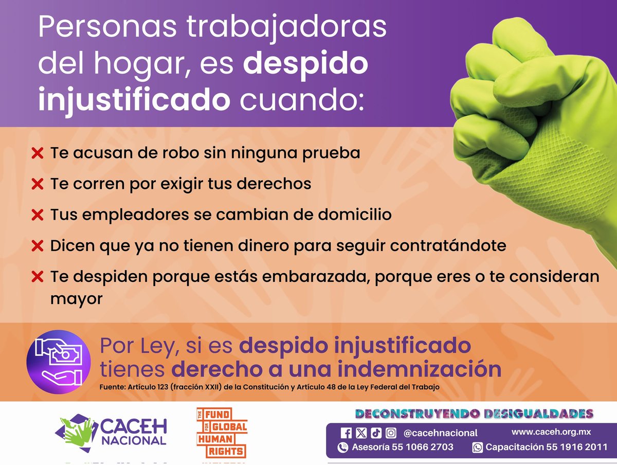 CACEHNACIONAL's tweet photo. 🚨El despido injustificado ocurre cuando una persona empleadora decide terminar la relación laboral sin una causa válida o sin respetar los derechos establecidos en la ley.
En🇲🇽 las #PTH también tienen derechos laborales y no pueden ser despedidas de manera arbitraria, violenta. https://t.co/MFOH8yTKys