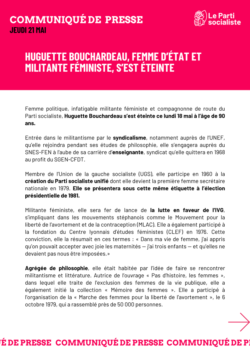 partisocialiste's tweet photo. 🔴Communiqué de presse

Huguette Bouchardeau, femme d’état et militante féministe, s’est éteinte

Nous saluons la mémoire d’une grande ministre, députée et militante dont les combats et les inlassables convictions continueront de nous inspirer.

👉 https://t.co/kVw50n6lNP https://t.co/QnslscEyiC