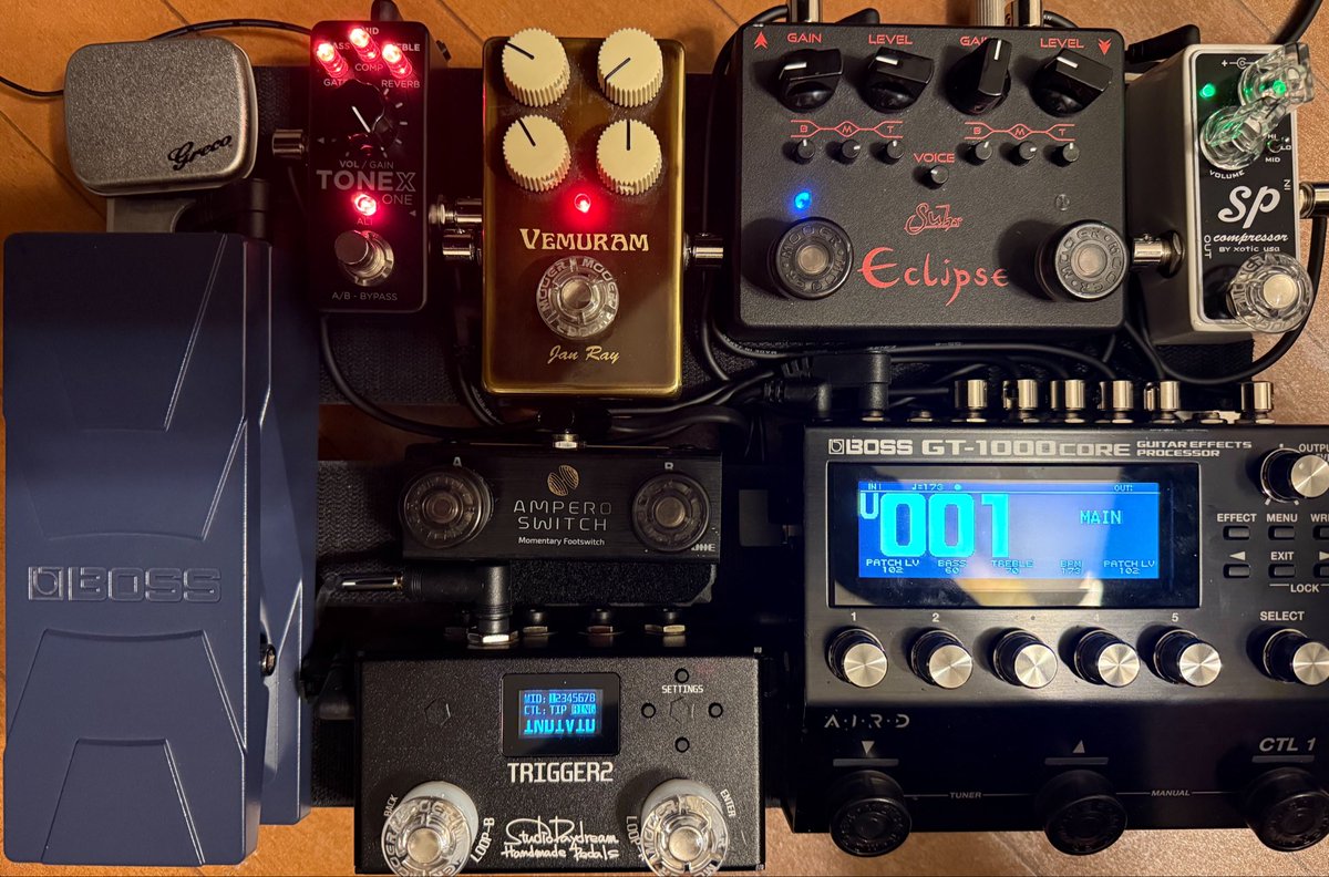 ts_guitar_'s tweet photo. jan rayを後段でかけっぱにしたのでTONEX ONEを置いて完成
#エフェクターボード2026春 https://t.co/ioWJgh7HxC