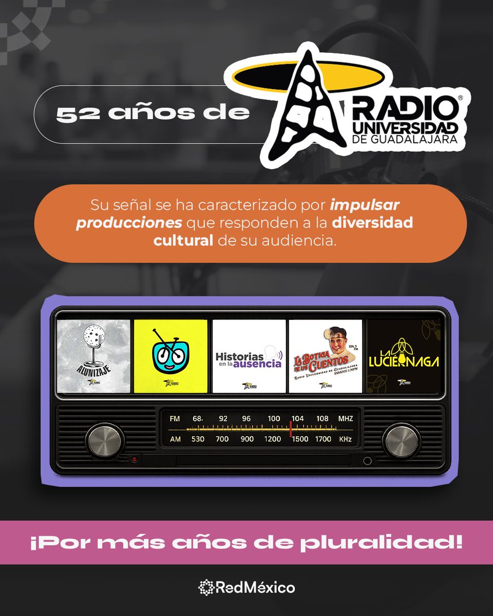 laREDMX's tweet photo. Cine, literatura, opinión, ciencia y una gran diversidad de programas musicales habitan en @RadioUdeG. 🎧🎙️

Desde la #RedMéxico celebramos el compromiso y la innovación que los ha distinguido por más de cinco décadas. https://t.co/Lnkf4m1RLC