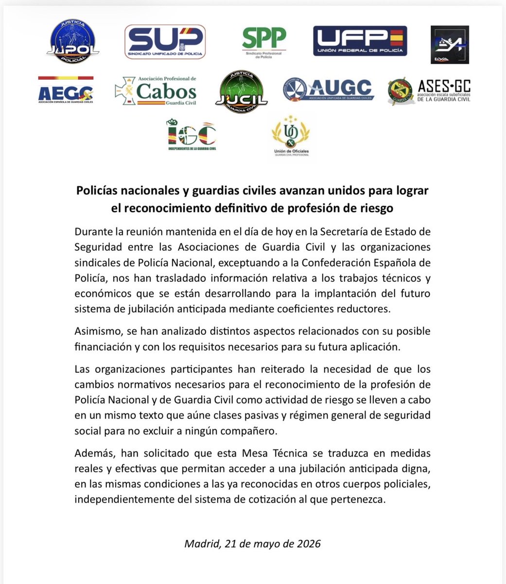AUGC_Comunica's tweet photo. Reunión en la SES entre asociaciones de Guardia Civil y sindicatos de Policía Nacional para seguir avanzando en el reconocimiento definitivo de profesión de riesgo.

La exigencia es clara: una jubilación anticipada digna, justa y en las mismas condiciones para todos los compañeros, sin exclusiones.

Unidad, presión y trabajo constante hasta conseguirlo.

#ProfesionDeRiesgo #GuardiaCivil #PoliciaNacional