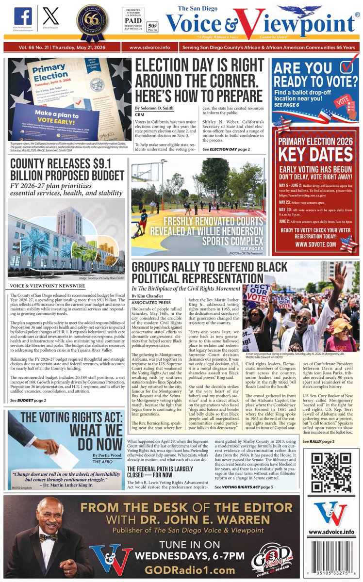VoiceViewpoint's tweet photo. From the front page: 🗞 Henderson Sports Complex reveals freshly renovated courts, San Diego County releases proposed $9.1 billion budget, and groups rally to defend Black political representation. Read the full stories inside. 👉🏾 https://t.co/BaOEEQyFeX

#CommunityNews #SanDiegoVoice #BlackPress #VoiceandViewpoint