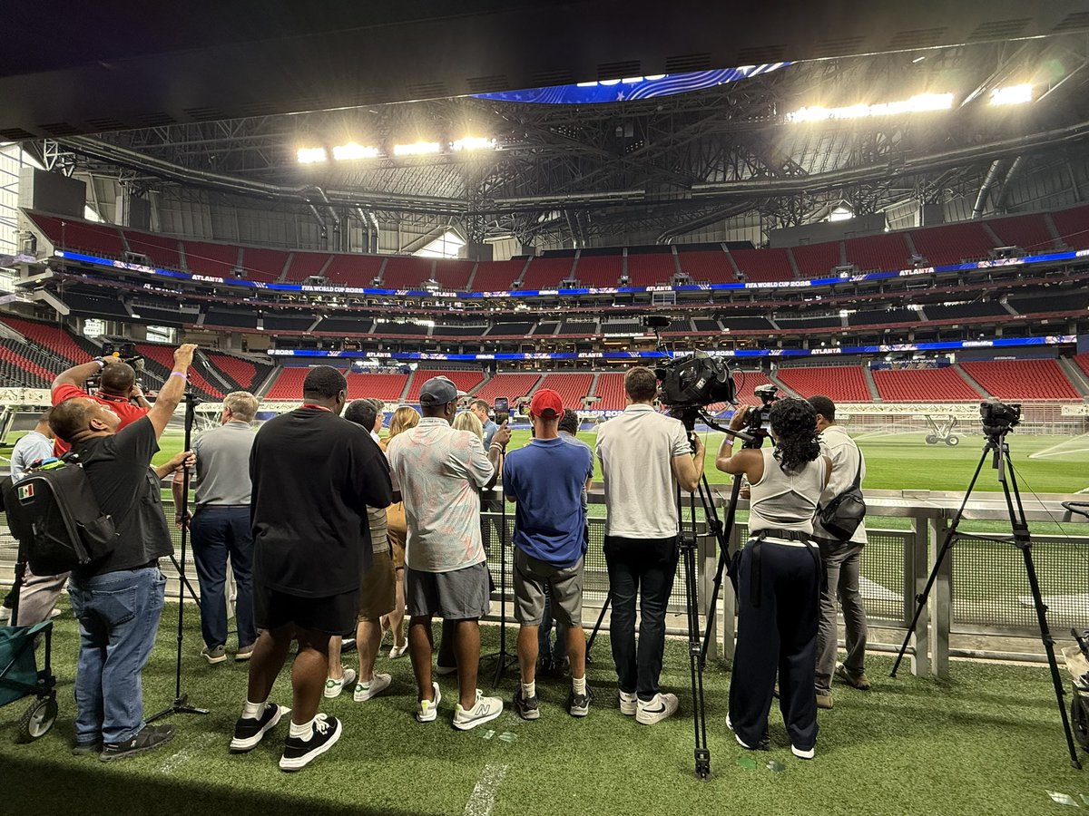 MBStadium's tweet photo. Members of the media got their first look at the newly installed World Cup pitch inside Mercedes-Benz Stadium this afternoon. https://t.co/K2cv4VzT5i
