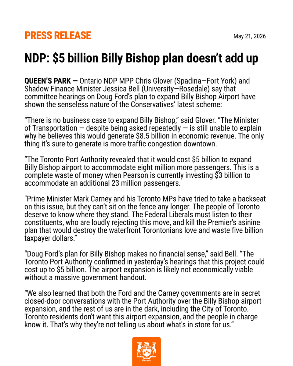 OntarioNDP's tweet photo. #NEW: NDP: $5 billion Billy Bishop plan doesn’t add up https://t.co/adAKV8nSmB