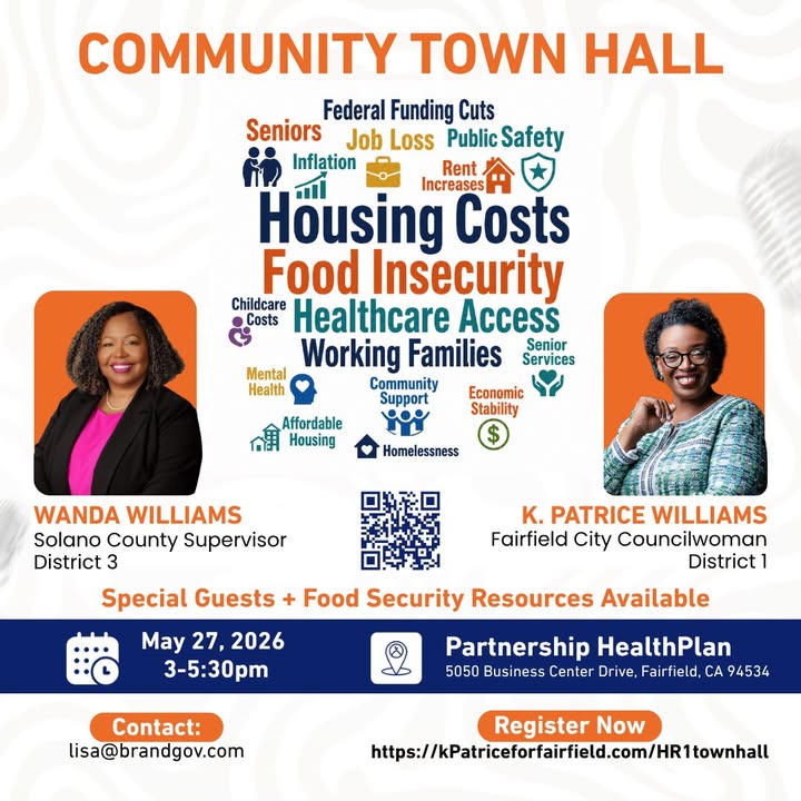 EmpowerSolano's tweet photo. Federal funding changes could impact our families, seniors, healthcare, housing, &amp; local services.

Join Supervisor Wanda Williams &amp; Councilwoman K. Patrice Williams for a Community Town Hall on this may mean.

Wed May 27 ∙ 3–5:30 PM 

Register now: https://t.co/0doEoYZBw9 https://t.co/uVG0HBKzT1