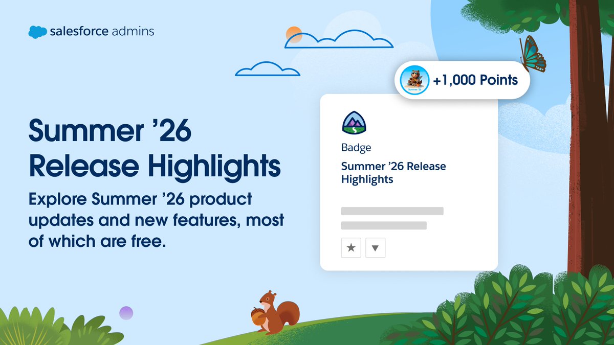 SalesforceAdmns's tweet photo. Forecast for Summer ’26: fresh features with a high chance of admin excitement. ☀️ 

Get up to speed on the latest AI, data, @SlackHQ, and platform updates with the Summer ’26 Release Highlights @Trailhead module.

Start learning: https://t.co/7Xxe8uf8yZ https://t.co/vFeZQsYNnK