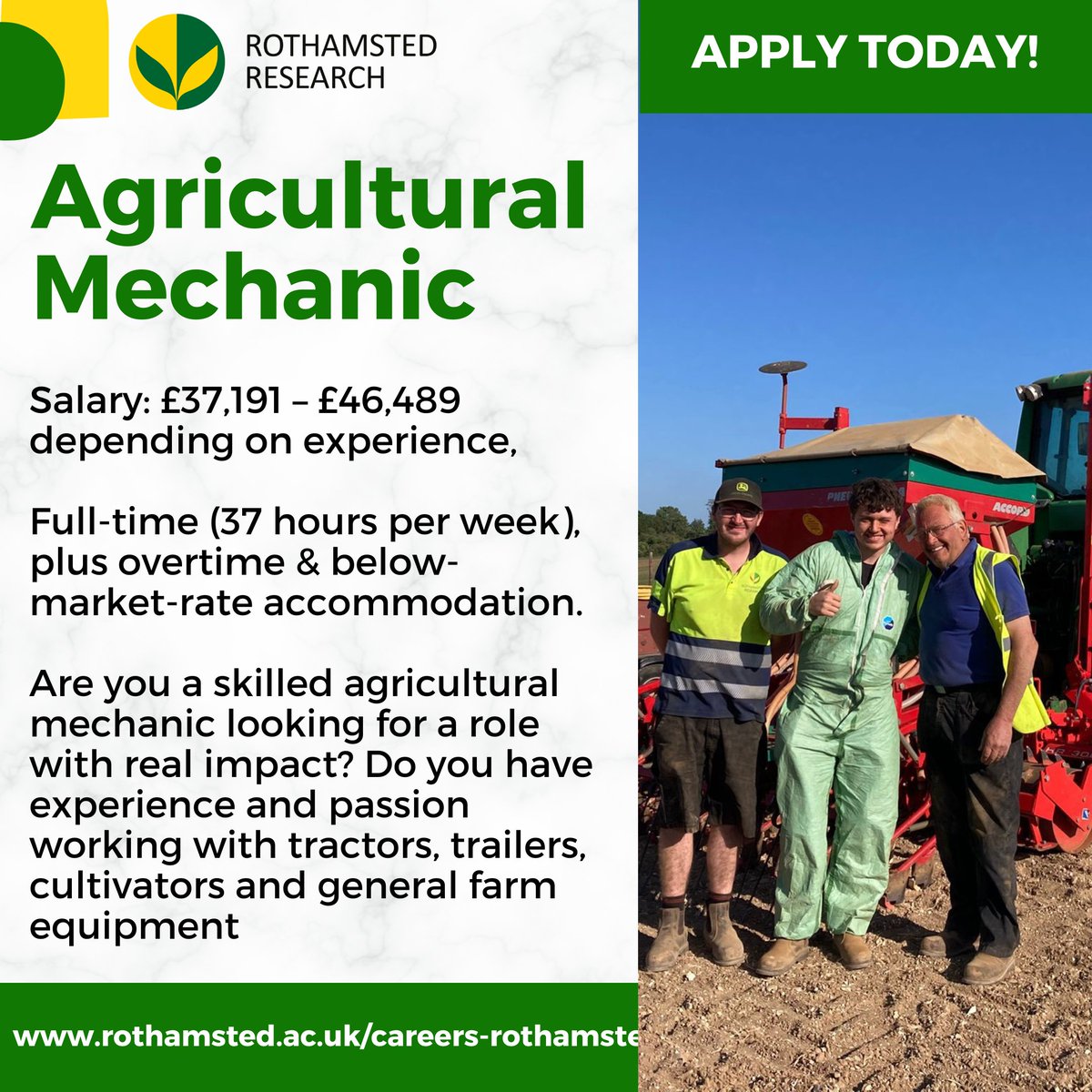 Rothamsted's tweet photo. We're hiring at Rothamsted Harpenden farm! Not just any farm job, you'll be working alongside scientists to grow field experiments which will help the future of farming.

All current vacancies can be found here: https://t.co/nfQlzTzx1o https://t.co/MuPtkAP9FP