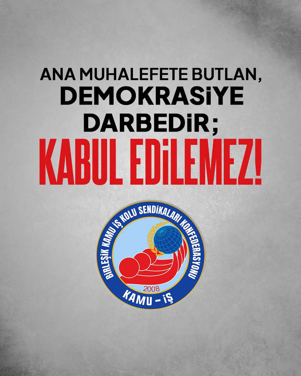 kamuiskonf's tweet photo. ANA MUHALEFETE BUTLAN, DEMOKRASİYE DARBEDİR; KABUL EDİLEMEZ!

Türkiye demokrasisi karanlık bir eşikten geçmektedir.

CHP’nin 38’inci Olağan Kurultayı ile 21’inci Olağanüstü Kurultayı’nın iptali istemiyle açılan davada, Ankara Bölge Adliye Mahkemesi 36’ncı Hukuk Dairesi tarafından verilen 'tedbirli mutlak butlan’ kararı, açıkça hukukun siyasete alet edilmesidir. Bu karar, mevcut parti yönetimini anti-demokratik yollarla uzaklaştırma ve ana muhalefeti yargı eliyle dizayn etme operasyonudur.

Mahkemenin bu kararının; Cumhurbaşkanı Erdoğan’ın “seçim startı” olarak yorumlanan konuşmasının hemen ardından gelmesi, zamanlama açısından tesadüf olamayacak kadar dikkat çekicidir.

Büyük resme baktığımızda; CHP’li belediyelere atanan kayyumlar, şantaj iddialarıyla gündeme gelen siyasi ‘transferler’, güçlü cumhurbaşkanı adaylarına yönelik yargı kıskacı ve diploma iptalleriyle örülen bu süreç, Türkiye’yi adım adım bir "seçimsizleştirme" girdabına sürüklemektedir. CHP’ye yönelik butlan kararı, bu tehlikeli süreci daha da hızlandırmıştır.

Her zaman adaletten ve Cumhuriyetimizin asırlık demokrasi kültüründen yana olan Kamu-İş olarak altını çiziyoruz: Son seçimlerden birinci parti olarak çıkmış ana muhalefet partisinin yargı eliyle hizaya getirilmeye çalışılması asla kabul edilemez. Bu karar; hem köklü demokrasi kültürümüze hem de halkın seçme ve seçilme hakkına indirilmiş ağır bir darbedir.

Bu butlan kararı, bu ülkenin asil vatandaşlarına; "Senin oyunun da tercihlerinin de bir önemi yok; sen iktidarı bırak, muhalefeti bile değiştiremezsin" demektir. Bu hamle, "milli iradeyi" dillerinden düşürmeyenlerin, kendi elleriyle milli iradeyi yok saymasıdır.

Sandıkta bulunamayan ‘irade’, mahkeme salonlarında aranmaz! 

Demokrasiye ve Anayasa’ya aykırı bu kararı şiddetle kınıyor; bağımsız ve tarafsız bir yargının tesis edilmesinin ülkenin her bir ferdi için nefes kadar acil bir ihtiyaç olduğunu bir kez daha yüksek sesle vurguluyoruz.

Kamu-İş Konfederasyonu Merkez Yönetim Kurulu