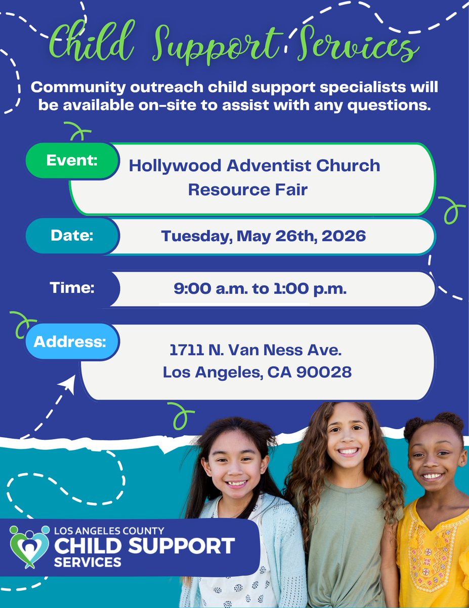 CSSDLA's tweet photo. We are meeting you where you're at! Connect with @cssdla at the Hollywood Adventist Church Resource Fair on Tuesday, May 26, from 9 AM-1 PM. A child support specialist will be on hand to answer ALL your #childsupport questions &amp; assist with your case. See you there! #Hollywood https://t.co/tCQabjNbCq