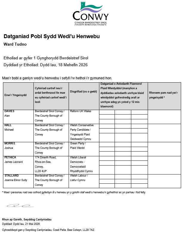 demCBSConwy's tweet photo. Mae’r Datganiad am y Sawl a Enwebwyd ar gyfer etholiad Cynghorydd Bwrdeisdref Sirol (rhanbarth Etholiadol Tudno) wedi ei gyhoeddi https://t.co/HU93C7WVpA