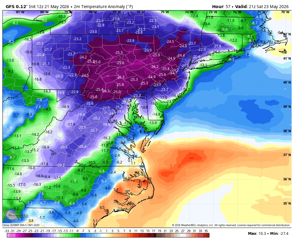 BigJoeBastardi's tweet photo. This is almost incomprehensibly cold for May 23, or a Memorial Day weekend ( even with it being early, its still going to blow away May 23 for coldest daytimes so late in the season in alot of places. How is that not national news. A  2-3 day heat wave with less Deviation was) https://t.co/qGk0Rh4fwg