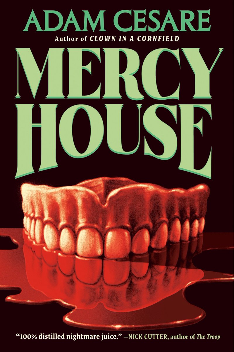 Adam_Cesare's tweet photo. Here's Matt Ryan Tobin's cover for MERCY HOUSE. 

My hyperviolent outbreak novel about superpowered mutants in a retirement community. 

So, quiet horror.

Hitting paperback and audiobook for the first time in October. Please preorder. Signed options here: https://t.co/OvRc4u9Pz5 https://t.co/XIr4XdZ0Jf