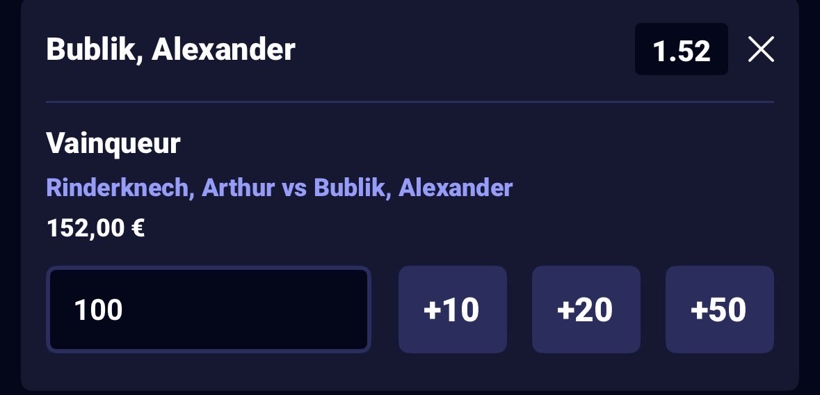 Fast2Tipster's tweet photo. 🚨 Montante 👀🤩 

🎯 Bublik @ 1,52

🪜 100 —> 152€ ⏳

❤️ si tu suis 

#TeamParieur https://t.co/8wls7984Jk