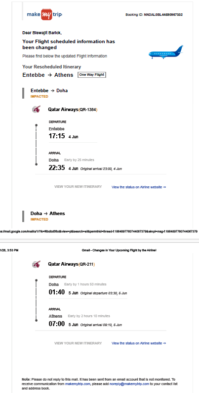 barack716's tweet photo. @makemytripcare @qatarairways @qrsupport @makemytrip 
I hv requested a cancellation whn i came to knw that the flight will be late by more than 2 hr. however when i checkd recently its on time. I would request to retain my booking. I have mailed but still not resolved. https://t.co/RYO3J82kDR