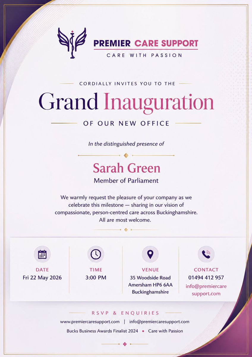 premiercare_'s tweet photo. We are excited to announce the Grand Inauguration of Premier Care Support’s new office. Join us as we celebrate this special milestone. ✨

#PremierCareSupport #GrandInauguration #CareWithPassion #HomeCareServices #Buckinghamshire #HealthcareSupport #SarahGreenMP 

@premiercare_ https://t.co/RlL6j39x0N