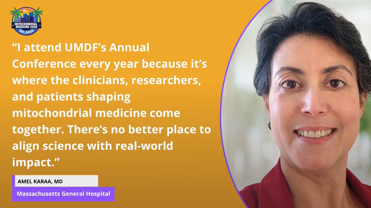 UMDFScience's tweet photo. We’re one month away from our #MitoMed Conference 2026! Here’s what Amel Karaa, MD, from 
Massachusetts General Hospital, had to say about why she attends our Mitochondrial Medicine Conference. To view the Clinical and Scientific Program, visit: https://t.co/u627hc9ZJB https://t.co/Xs3aEFl9jU