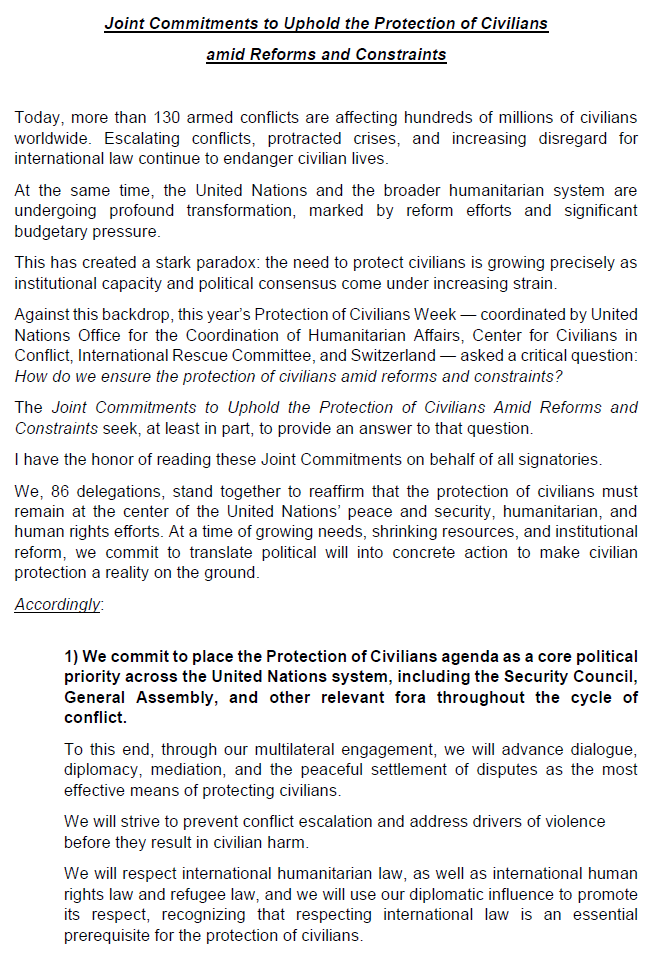 swiss_un's tweet photo. 🇨🇭 is honored to launch joint commitments with 86 delegations to:
- place the #PoC agenda as a core political priority across the @UN system
- support ongoing reforms to strengthen, not weaken protection outcomes for civilians
- prioritize PoC in times of financial constraints https://t.co/uHERVL3vgQ