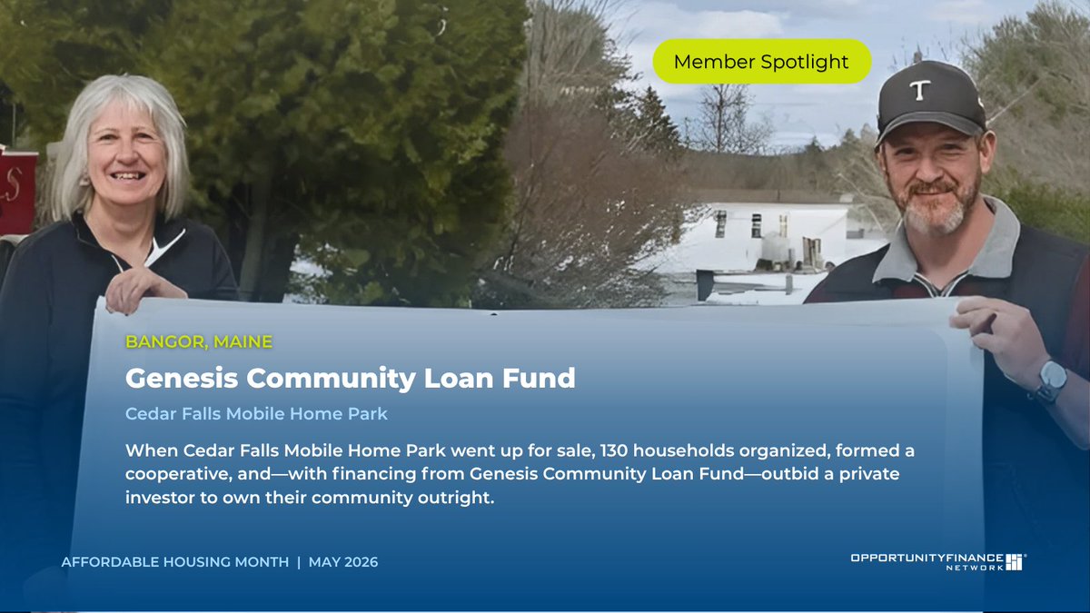 OppFinance's tweet photo. When Cedar Falls Mobile Home Park came up for sale, the community knew they needed to save it. They turned to Genesis Community Loan Fund, a CDFI with expertise in housing infrastructure. See what happened: https://t.co/vyDqz1MoH1 https://t.co/vHefRGJbwS