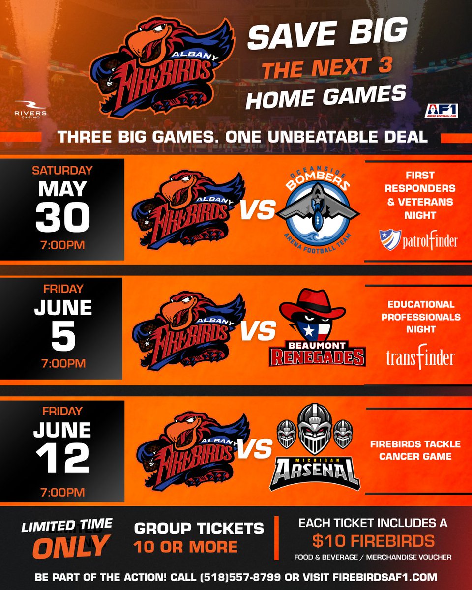 FirebirdsAF1's tweet photo. An unbeatable deal for an undefeated team! Join us for three upcoming home games against Oceanside, Beaumont, and Michigan. Purchase 10 tickets over the three-game span and receive a $10 food or merchandise voucher for each ticket!  🔥 🦅

(518)557-8799
https://t.co/m1tPofeZ3U https://t.co/Mbm9qQzfBr