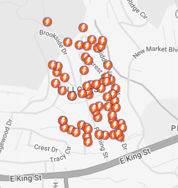 New_River_LP's tweet photo. Outage Alert ⚡
Outage today, Thurs., May 21, at approx. 1:40 p.m. in the East King St area of Boone near Farthing St. and Hillcrest Cir. Cause of the outage is a broken utility pole. NRLP crews are on site. We appreciate your patience and support!

Est. restore time is 4 p.m. https://t.co/1fqEnWnAX7