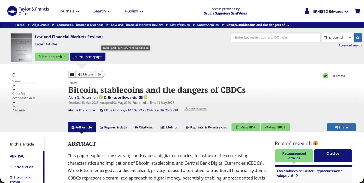 GarretEdwards's tweet photo. Paper recién publicado, en coautoría con mi querido amigo @a_futerman.

"Bitcoin, stablecoins and the dangers of CBDCs", y el debate sobre criptoactivos estatales.

Disponible en el Law and Financial Market Review de @routledgebooks (Taylor &amp; Francis).

➡️https://t.co/dHrTtuoqVg https://t.co/2Qvr7xC8y1