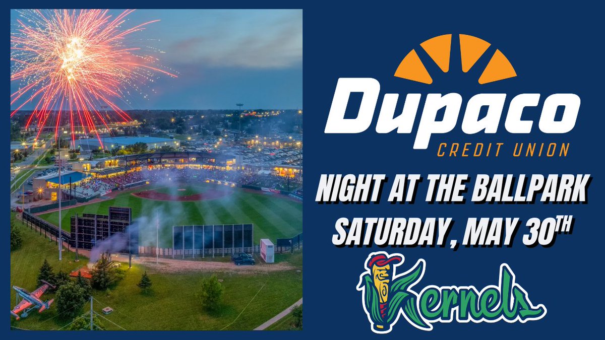 CRKernels's tweet photo. Lights. Fireworks. Kernels baseball. 🎆⚾️
Dupaco Credit Union Night at the Ballpark is coming your way Saturday, May 30th! Grab your crew and spend your Saturday night at the ballpark with a sky full of fireworks and a night full of fun. 🌽🔥
#CRKernels #OnlyInCR #Dupaco #FireworksNight