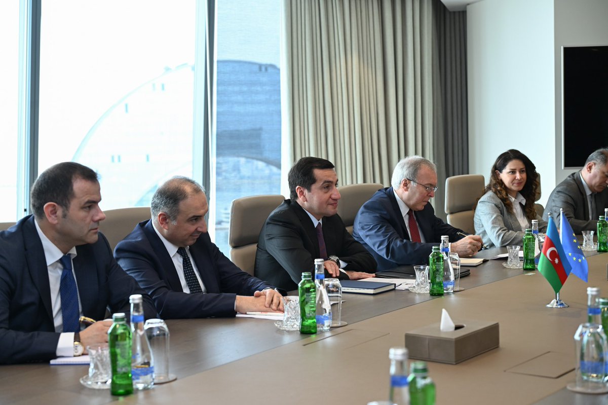 HikmetHajiyev's tweet photo. On 20 May, Azerbaijan and the European Union held the seventh meeting of their Security Dialogue in Baku.
The participants held a constructive exchange on the current state of EU-Azerbaijan relations and on foreign and security policy issues of mutual interest. They welcomed the recent intensification of high-level contacts, including the visits of President of the European Council António Costa and the High-Representative / Vice-President of the European Commission Kaja Kallas to Azerbaijan and their meetings with President Ilham Aliyev, and reaffirmed their shared interest in further developing bilateral relations.
The parties noted the importance of ongoing discussions on renewed Partnership Priorities and on a new bilateral agreement. They also underlined the importance of maintaining regular dialogue under the existing EU-Azerbaijan Partnership and Cooperation Agreement.
The participants discussed regional and international developments, including on geopolitical developments and foreign policy, connectivity, energy security and the Middle Corridor / Trans-Caspian Transport Corridor. The EU acknowledged Azerbaijan’s role as an important partner for regional connectivity and energy diversification, while underlining the importance of sustainable, economically viable and rules-based cooperation.
The EU reiterated its support for humanitarian demining efforts in Azerbaijan and welcomed continued cooperation in this area. In the context of their visit, on 19 May, the EU delegation visited the Garabagh and East Zangezur Economic regions, including Aghdam district where it observed the demining efforts carried out by the Azerbaijani authorities. 
The participants further exchanged views on the Azerbaijan–Armenia peace process. The EU welcomed the progress achieved in recent months, including confidence-building steps and growing contacts between Azerbaijan and Armenia, and encouraged continued dialogue and practical engagement in support of a sustainable and lasting peace.
The parties agreed to expand the format and rename it as the EU-Azerbaijan Political and Security Dialogue, reflecting the growing breadth and strategic importance of the bilateral relationship.
The meeting was co-chaired by Hikmat Hajiyev, Assistant to the President of the Republic of Azerbaijan, and Olof Skoog, Deputy Secretary-General for Political Affairs at the European External Action Service.

https://t.co/ENNBUwZllY