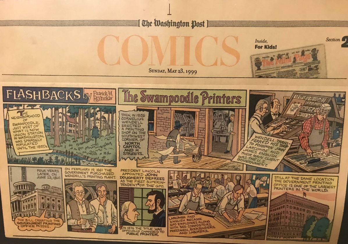 USGPO's tweet photo. On this day in 1999, this comic about GPO's founding, drawn by Flashbacks creator Patrick M. Reynolds, appeared in the @washingtonpost Comics Section. https://t.co/lSeklSH2c6