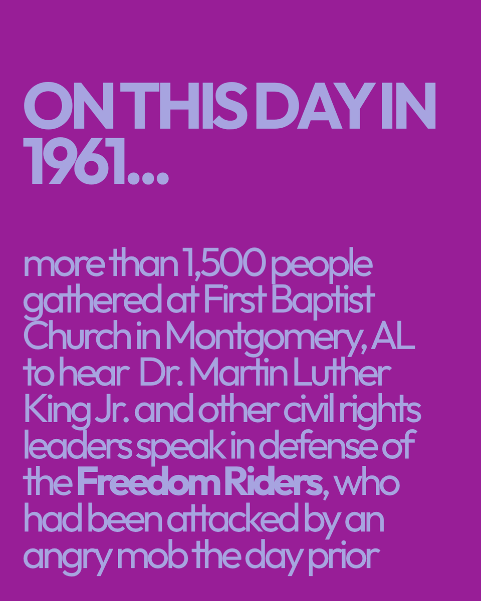 ajmuste's tweet photo. On this day, 65 years ago, many gathered to hear civil rights leaders defend the Freedom Riders in Montgomery, AL. The courage and solidarity shown in 1961 continues to inspire movements for freedom and dignity today. ✊ #OnThisDay #FreedomRiders #CivilRightsMovement https://t.co/BpOhxdy8vO