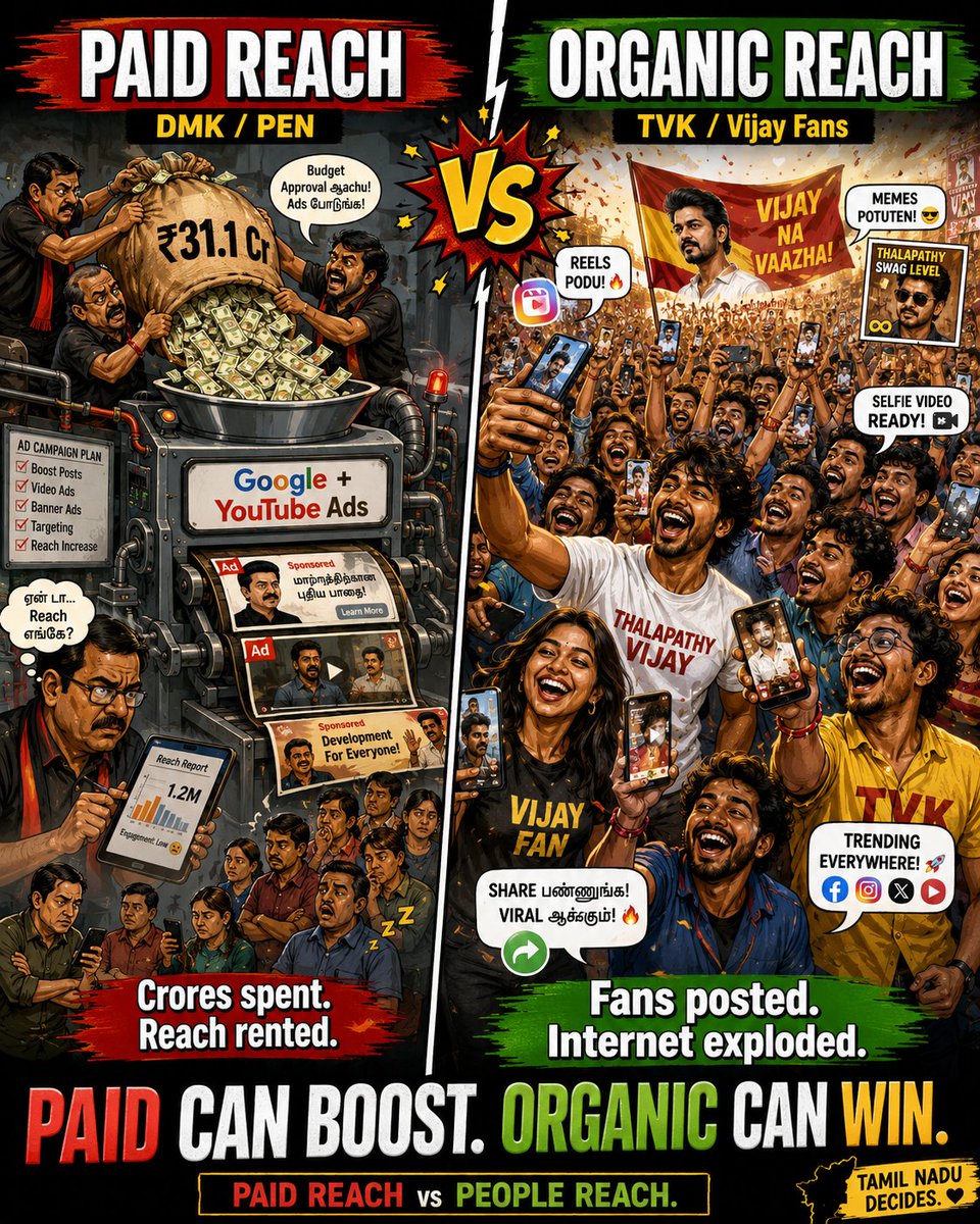 DipuckJones's tweet photo. DMK blaming TVK’s victory on Instagram is a very weak argument when we look at the actual numbers.

PEN reportedly spent ₹31.1 crore on Google political ads in just 30 days, from 22 March to 23 April 2026. Google Ads also includes YouTube inventory.

During the same period, Tamil Nadu’s total Google political ad spend was around ₹44 crore. That means PEN alone accounted for roughly 70% of Tamil Nadu’s Google political ad spend in that window.

Source:
https://t.co/evSkSChwqR

https://t.co/evSkSChwqR

DMK had also hired multiple political strategy and campaign-support firms around the 2026 election ecosystem, including PEN, I-PAC, Showtime Consulting, and Sunil Kanugolu-linked support.

Source:
https://t.co/yyom1TTW7g 

https://t.co/yyom1TTW7g

Also, in 2023/24, DMK reportedly declared around ₹170 crore in election related expenditure, according to ADR/TOI reporting. This is not digital-only spend, but it clearly shows DMK had a massive election campaign machine. The actual numbers will def higher than what we see in public.

Source:
https://t.co/hqCcbnXvkt

https://t.co/hqCcbnXvkt

So saying TVK won only because of Instagram is not a serious analysis.

The reality is simple: DMK had paid digital reach. TVK had organic public reach.
TVK’s strength came from Vijay’s fan base, volunteer energy, reels, memes, WhatsApp sharing, YouTube clips, and organic emotional connection, not from outspending DMK on social media.

DMK should not reduce this defeat to “Instagram influence.” That is just an excuse. The better way forward is to accept the result, study what went wrong, and rebuild.

To be noted - DMK was one of the 1st major political parties in India to seriously adapt to social media, and everyone knows how strong the DMK IT Wing has been for years.

But this time, paid machinery was not enough. Organic emotion defeated paid amplification. 

#TVKVijay #tvk #TNPolitics #TNGovt